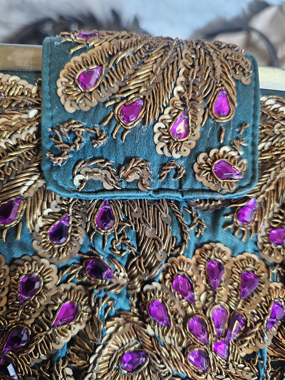 Vintage Santi Teal Satin Purple & Gold Beaded Evening Clutch Bag Fairycore - Picture 7 of 14